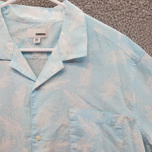 Hawaiian Short Sleeve Blue Button Up Shirt Pocket 2XL Palm Leaves - Picture 2 of 9